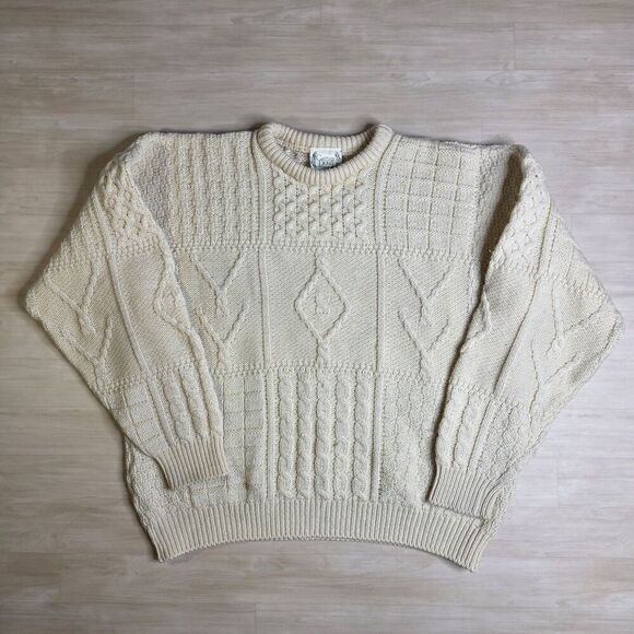 Carraig Donn Aran Sweater Men's XL Cream Cable Knit Fisherman Pure Wool Ireland